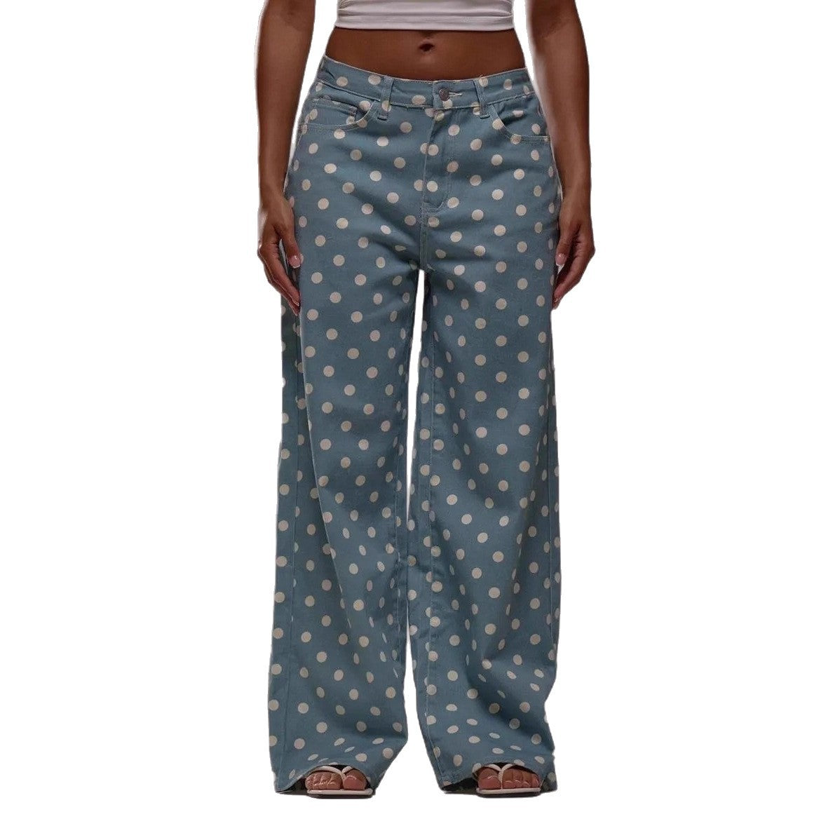 Vaquero Recto Holgado Talle Medio Lunares Denim Algodón Casual Chic Mujer