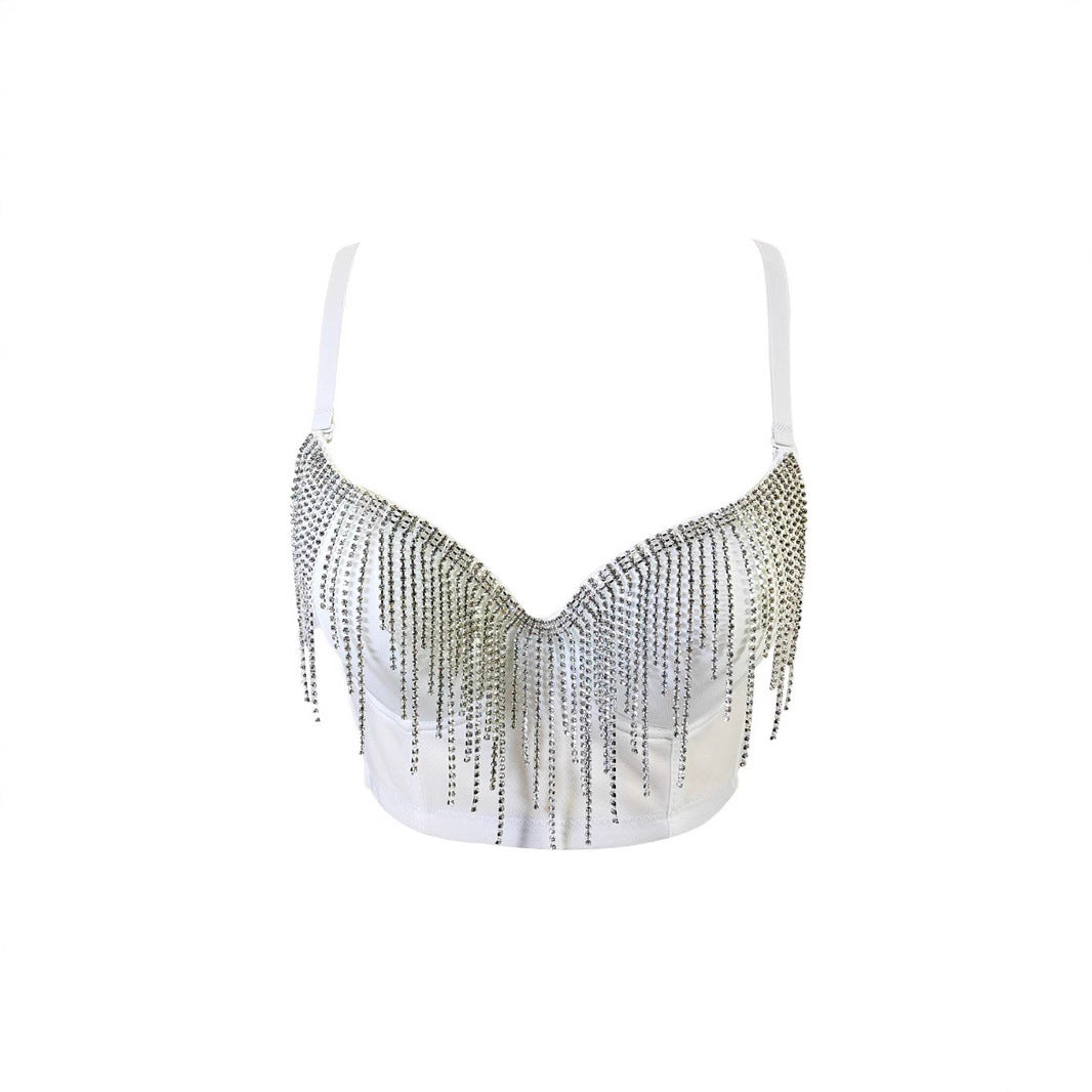 Top Strapless Strass Borlas Espalda Descubierta Sujetador Integrado Mujer