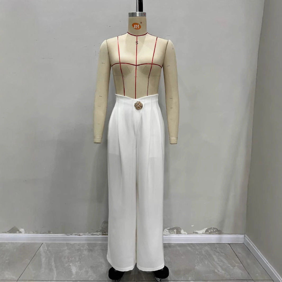 Pantalón Largo Recto Cintura Alta Irregular con Bolsillos Elegante Mujer