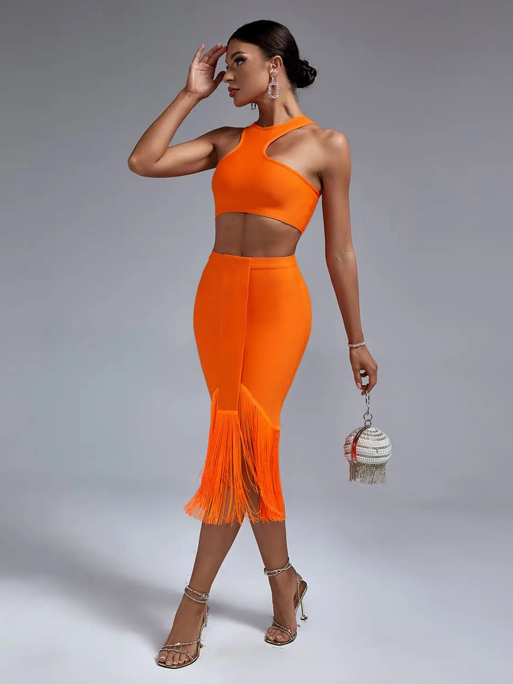 Conjunto de Dos Piezas de Vendaje para Mujer: Top y Falda Elegante, Sexy, con Flecos en Naranja