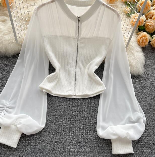 French Sweet Lantern Sleeve Chiffon Shirt Female Design Sense Niche Self-Cultivation Thin Waist Short Western Chic Zipper Top Trend