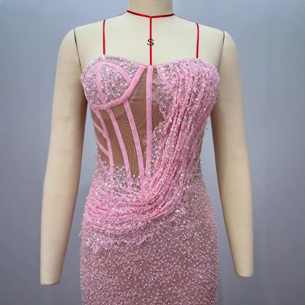 Vestido Largo Poliéster Un Hombro Sin Tirantes Espalda Descubierta Ballenas Abalorios Lentejuelas Ajustado Elegante Fiesta Mujer Rosa