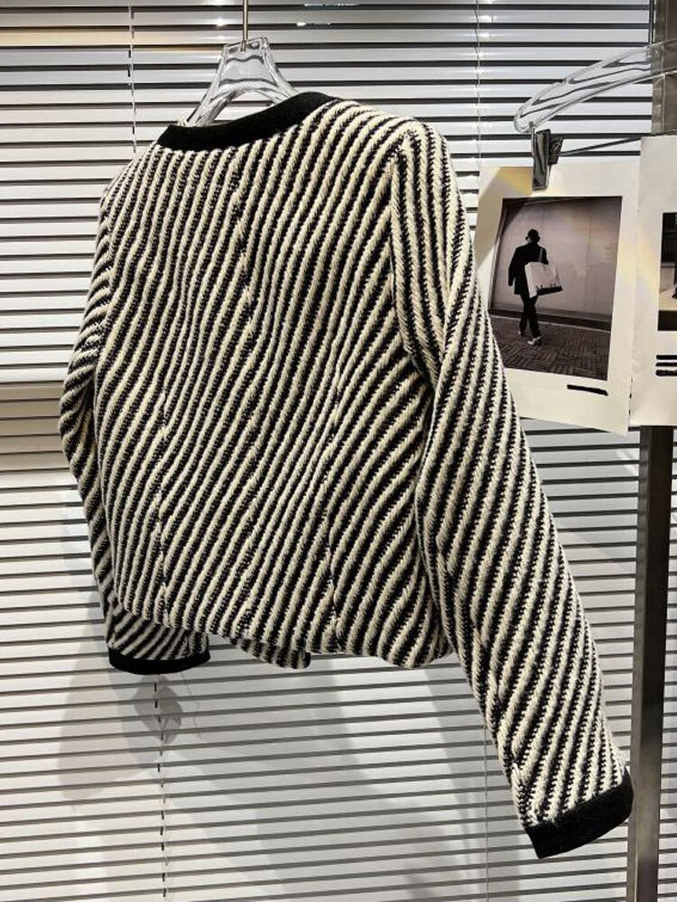 Chaqueta Twill Poliéster Tejido Rayas Cuadros Cuello Redondo Doble Botonadura Manga Larga Cálida Otoño Invierno Mujer