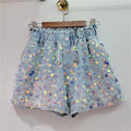 Summer new handmade beaded high waist slimming wide leg denim shorts for women