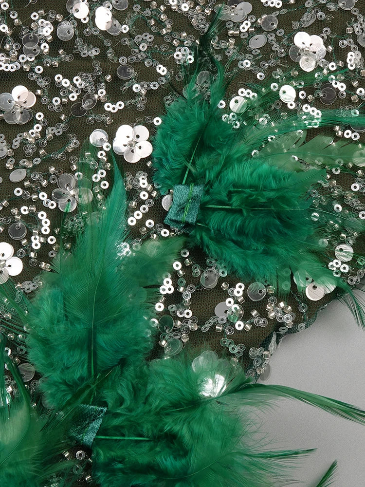 Vestido Largo Maxi Fiesta Noche Sin Mangas Plumas Verde Lujoso Formal Elegante Verano Mujer