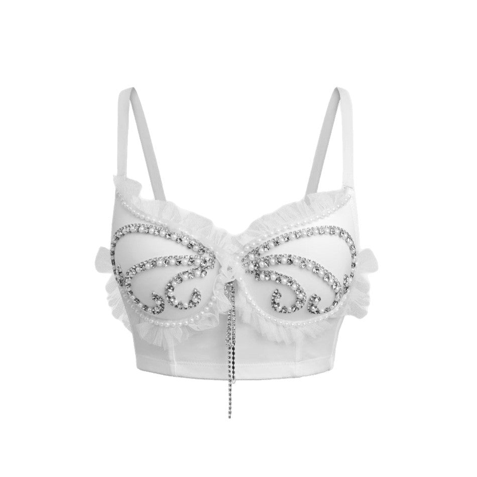 Women's Vest with Rhinestone  White Strap Inner Wear Spicy Girl
