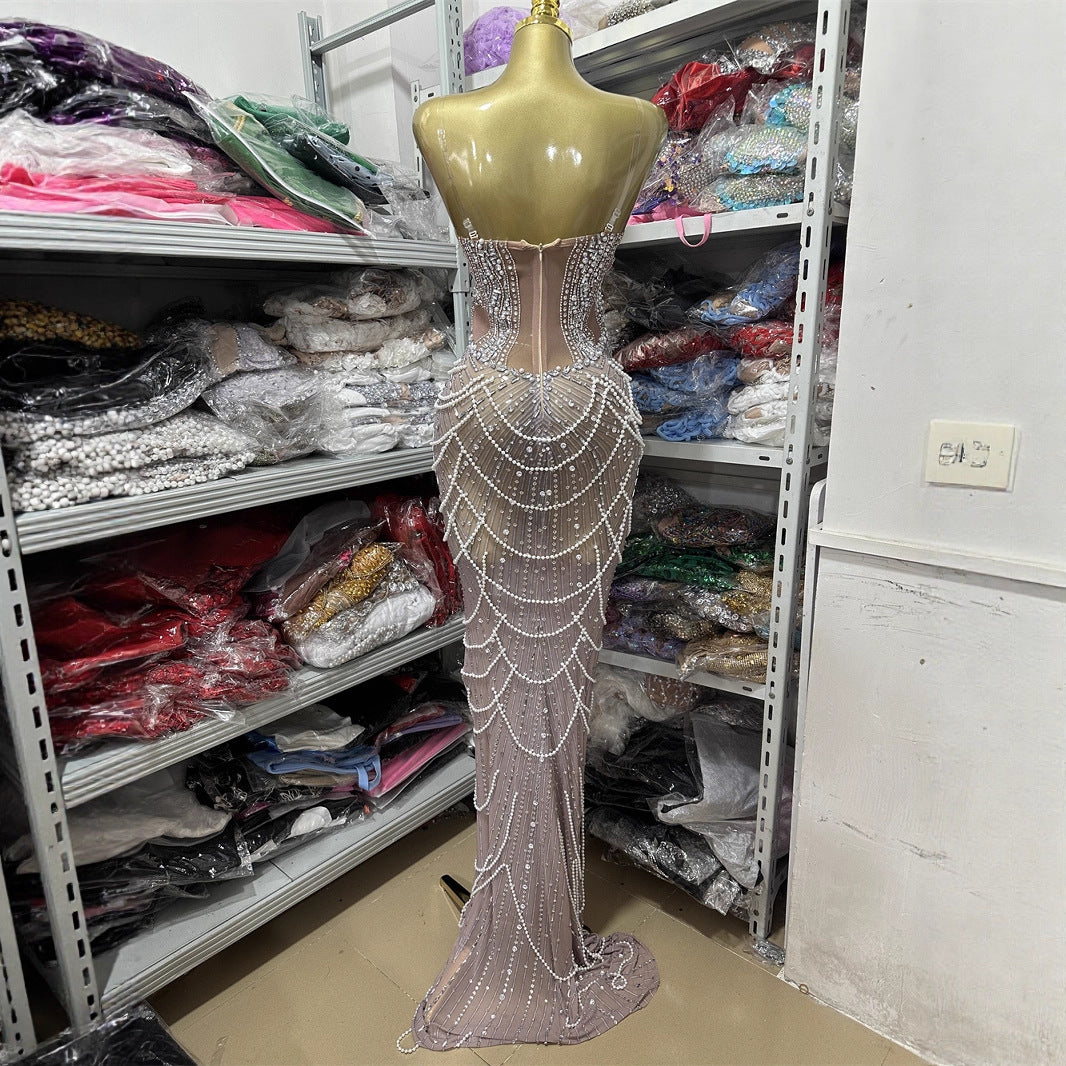 Vestido Largo Bodycon Sin Mangas Escote V Espalda Descubierta Cadenas Abalorios Elegante Noche Mujer