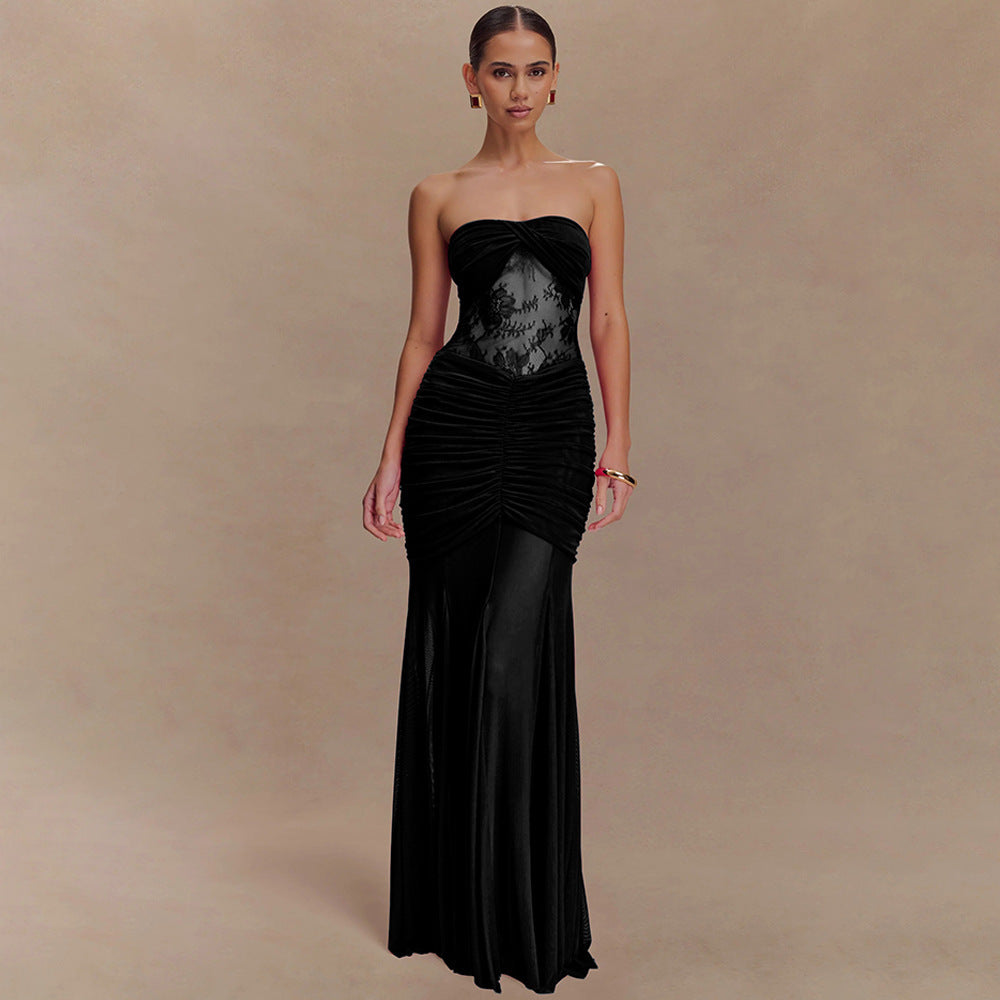 Vestido largo sin tirantes para mujer con pliegues y efecto transparente