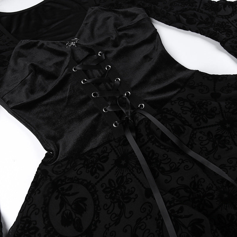 Vestido Largo Terciopelo Retro Glamour Gótico Manga Larga Ajustado Negro