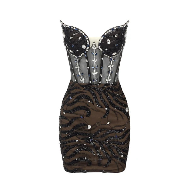 Mini Vestido Negro Sin Tirantes Cristales Sexy Lujoso Fiesta Noche Clubwear Mujer