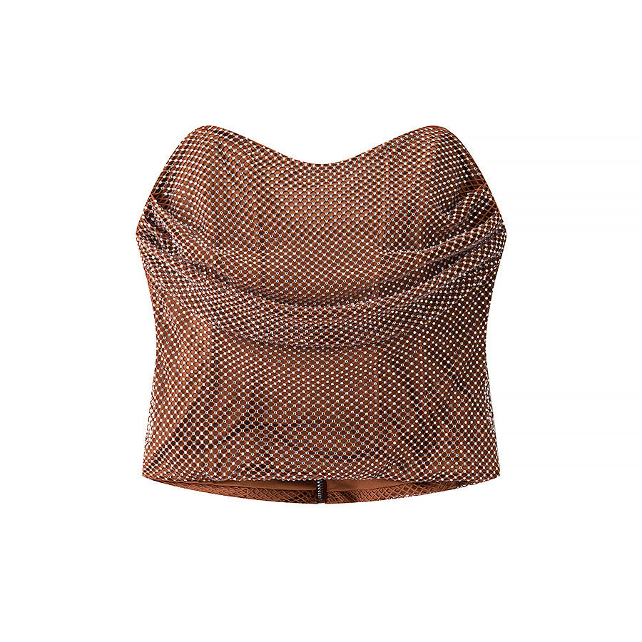 Conjunto Dos Piezas Top Sin Tirantes Transparente Empalmado Mini Falda Poliéster Street Fashion Casual Mujer Marrón