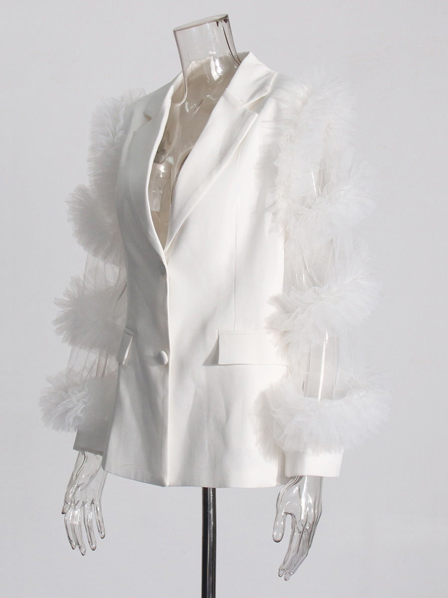 Blazer Estilo Británico Poliéster Cuello Traje Doble Botonadura Manga Volante Tul Empalmado Elegante Commuter Mujer Blanco