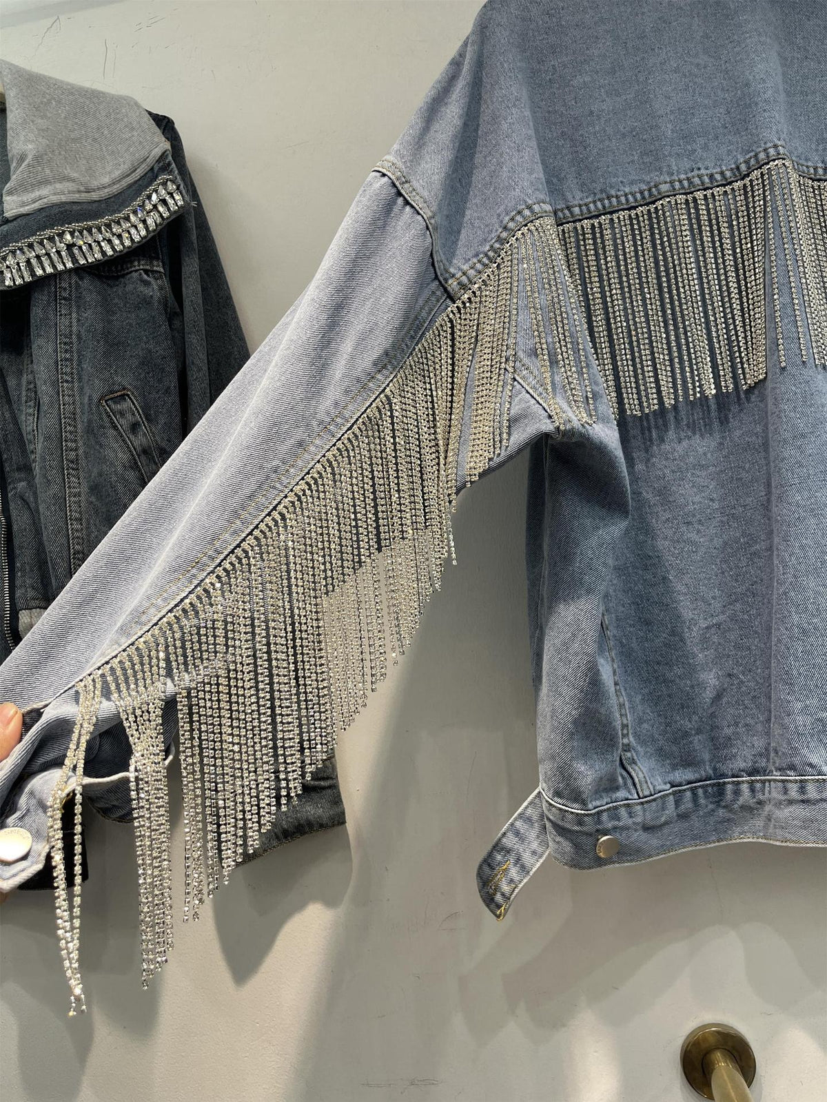 Chaqueta Corta Vaquera Denim Algodón Manga Murciélago Cadenas Flecos Industria Pesada Street Fashion Mujer Azul