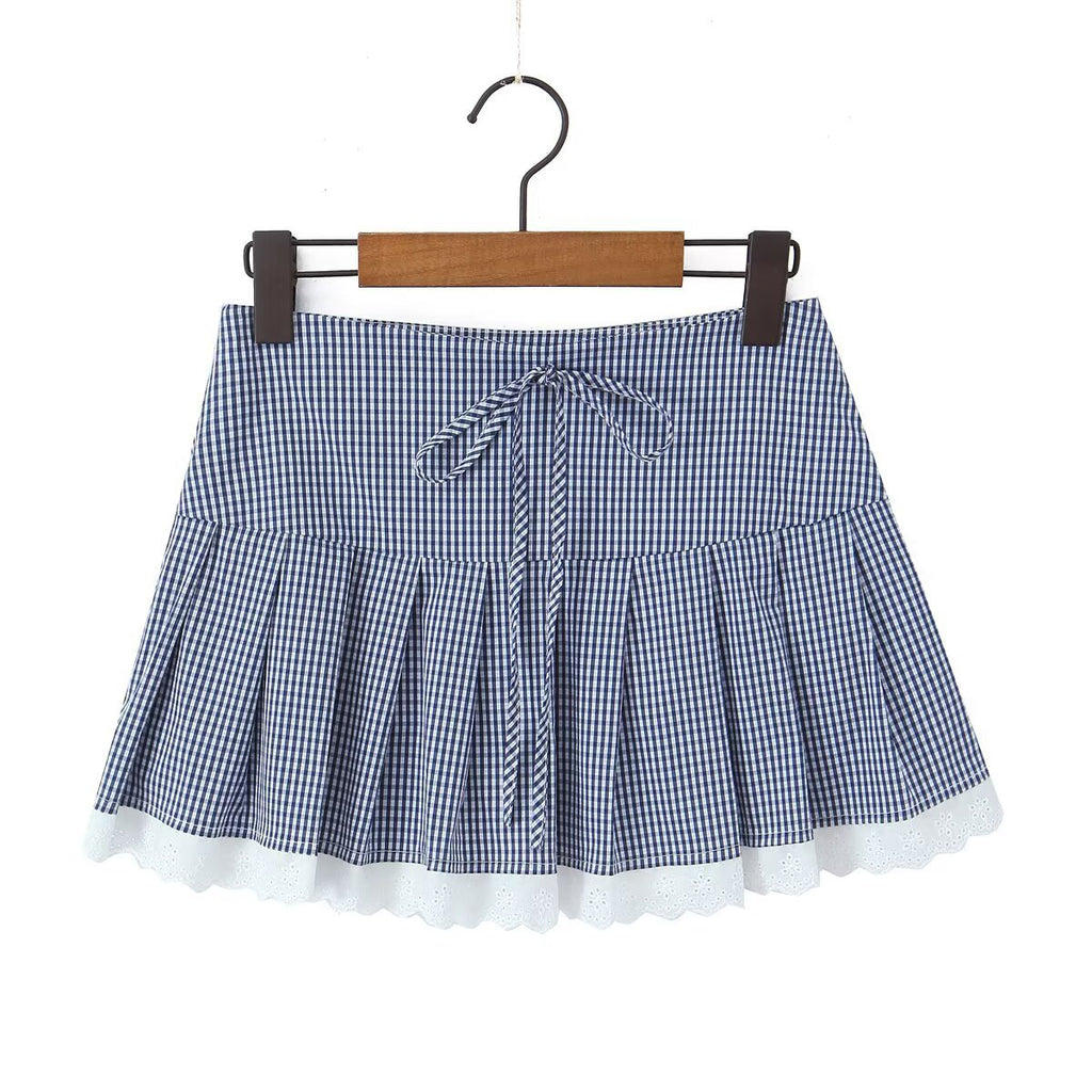 Conjunto Dos Piezas Camisa Cuadros Manga Tres Cuartos Botones Mini Falda Encaje Poliéster Casual Mujer