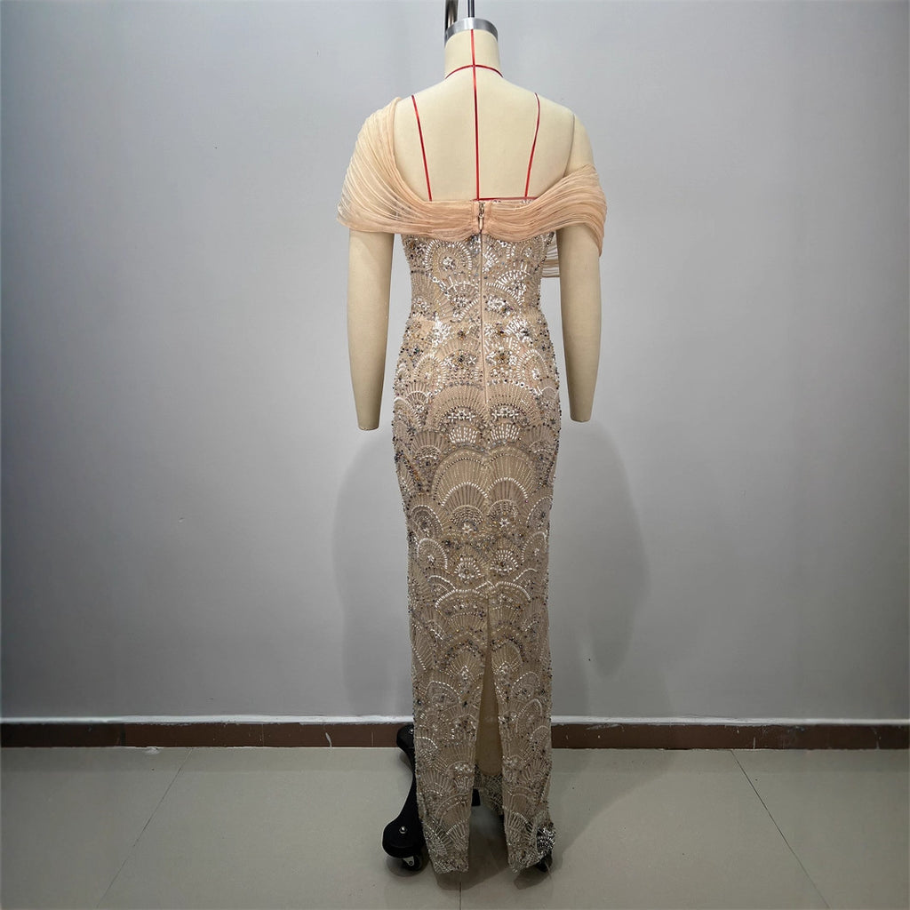 Vestido Largo Bodycon Un Hombro Sin Mangas Malla Empalmada Lentejuelas Sexy Elegante Fiesta Mujer Albaricoque