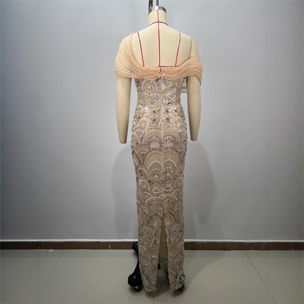 Vestido Largo Bodycon Un Hombro Sin Mangas Malla Empalmada Lentejuelas Sexy Elegante Fiesta Mujer Albaricoque