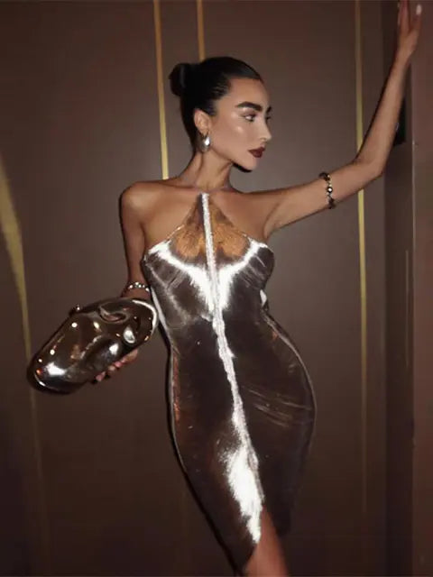 Vestido Mini Slim Halter Metálico Brillante para Mujer, Sin Mangas, Espalda Descubierta, Bodycon, Vestidos de Dama para Fiesta, Club, Noche