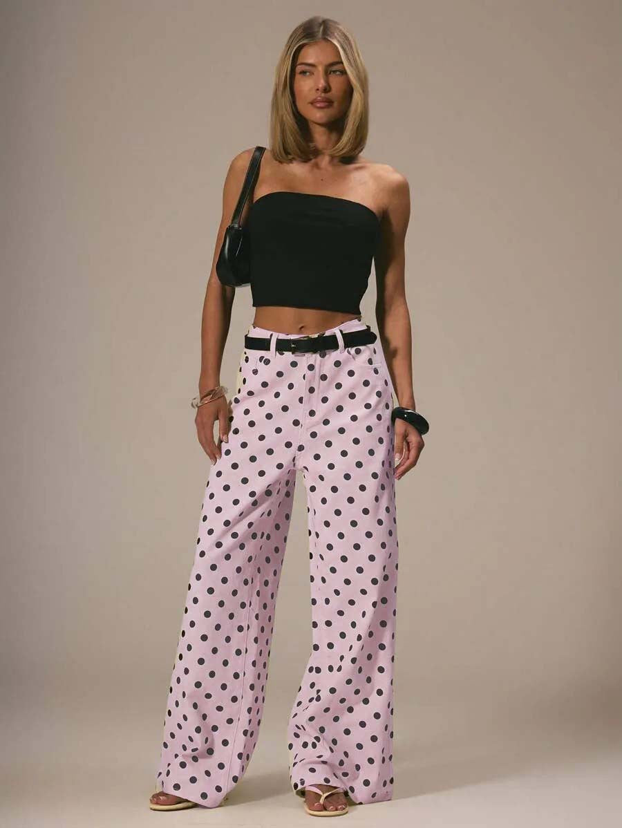 Vaquero Recto Holgado Talle Medio Lunares Denim Algodón Casual Chic Mujer