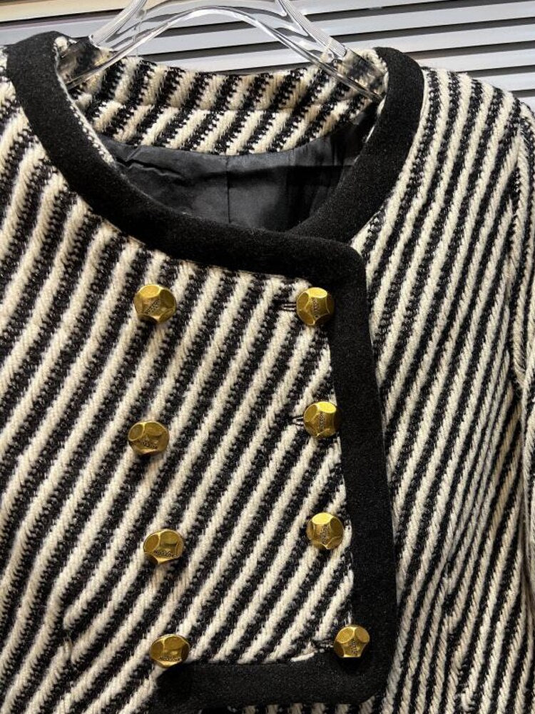 Chaqueta Twill Poliéster Tejido Rayas Cuadros Cuello Redondo Doble Botonadura Manga Larga Cálida Otoño Invierno Mujer