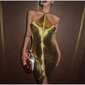 Vestido Mini Slim Halter Metálico Brillante para Mujer, Sin Mangas, Espalda Descubierta, Bodycon, Vestidos de Dama para Fiesta, Club, Noche
