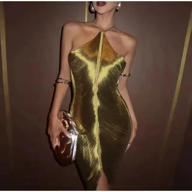 Vestido Mini Slim Halter Metálico Brillante para Mujer, Sin Mangas, Espalda Descubierta, Bodycon, Vestidos de Dama para Fiesta, Club, Noche