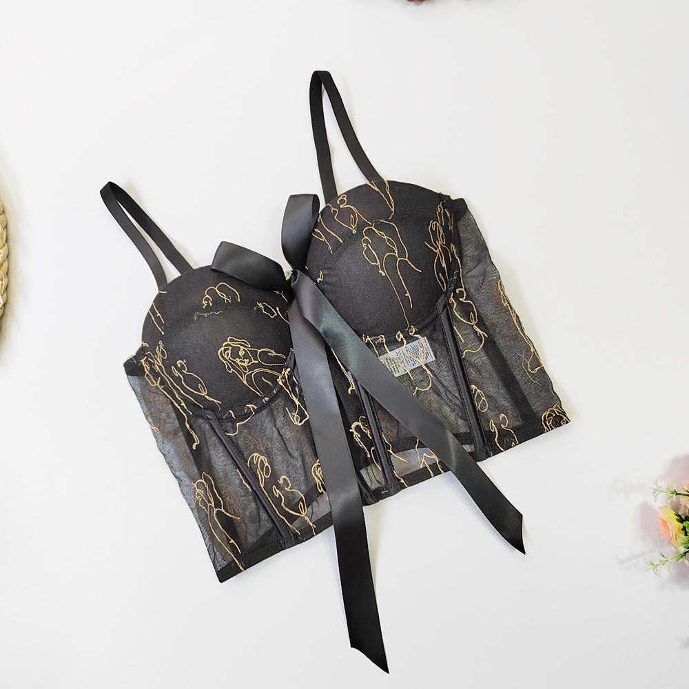 Top de tirantes de moda con dulces flores, crop top con corsé de malla bordada para mujer, elegante para fiestas, discotecas, bustier de estilo urbano y ropa festiva.