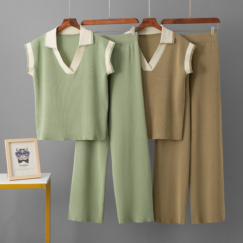 Conjunto Dos Piezas Top de Punto Sin Mangas Holgado y Pantalón Pierna Ancha Ajustado Viscosa Mujer Negro Camel Caqui Albaricoque Verde Claro