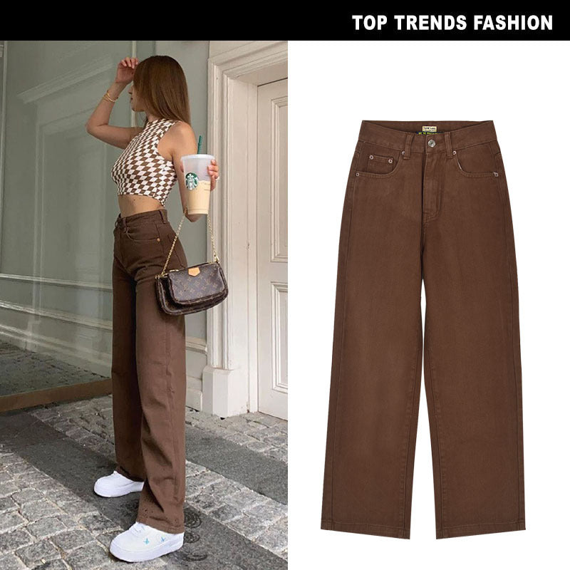 Women's High Waist Straight Loose Brown Denim Trousers Drape Chocolate Street Hot Girl Sneakers