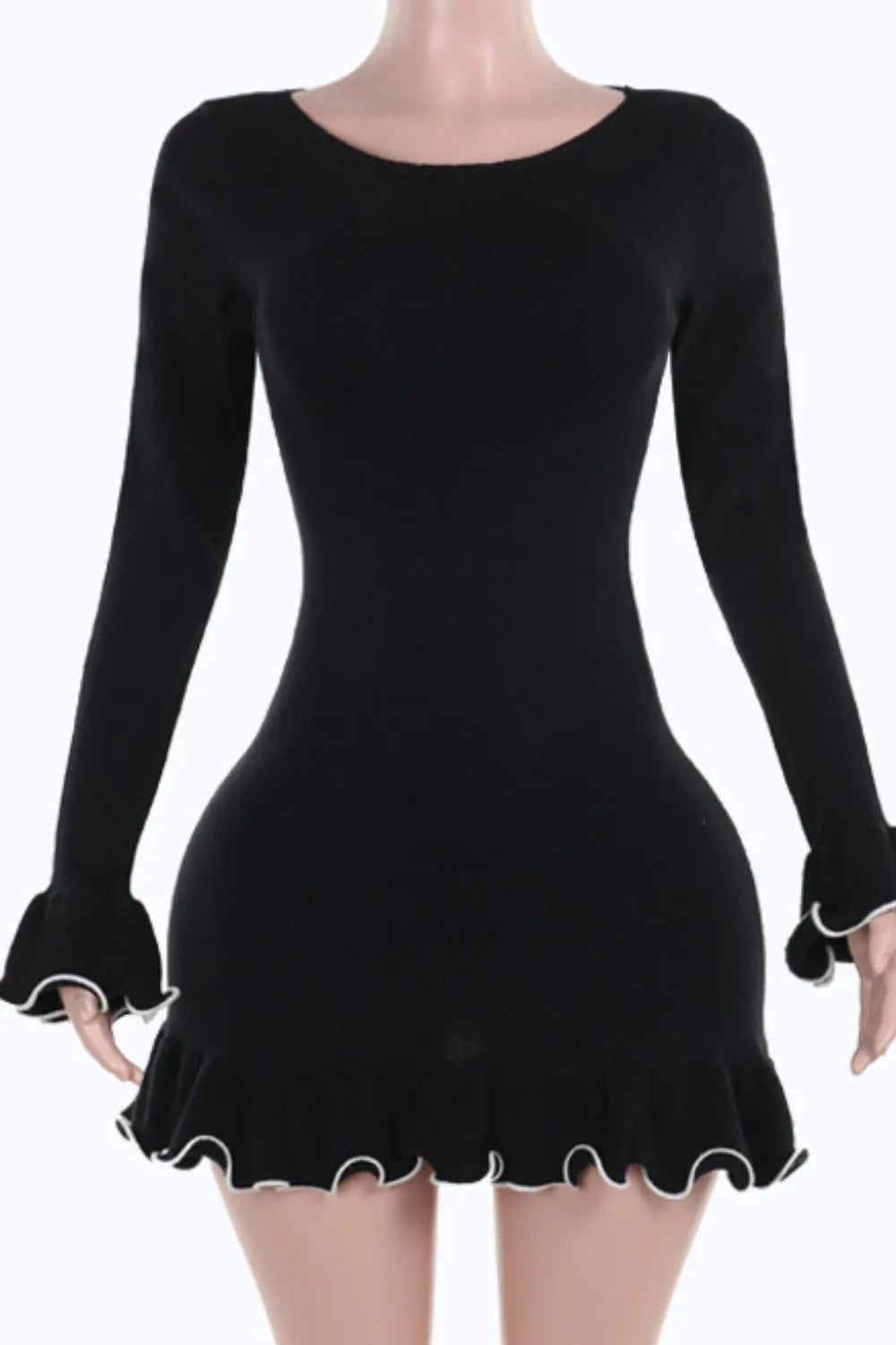 Vestido Mini Manga Larga Ribete en Contraste con Volantes Mujer