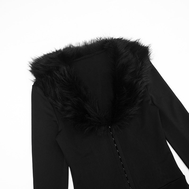 Mono Negro Gótico de Gata Pelo Sintético Manga Larga Slim Fit Street