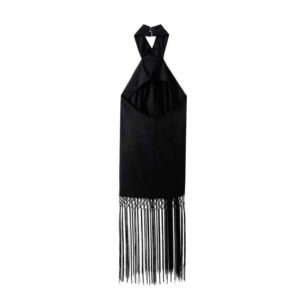 Black Fringe Decorated Halter Neck Linen Dress