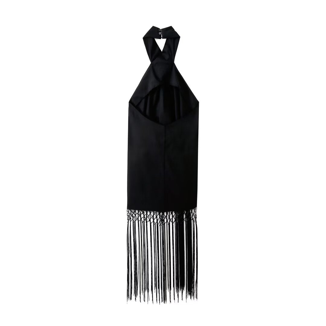 Black Fringe Decorated Halter Neck Linen Dress