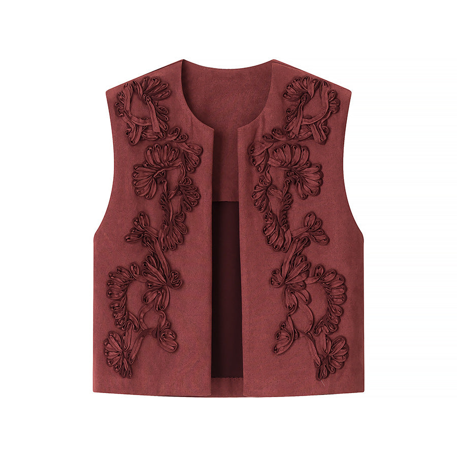 Fashion Embroidered Suede Texture Round Neck Vest Top for Women