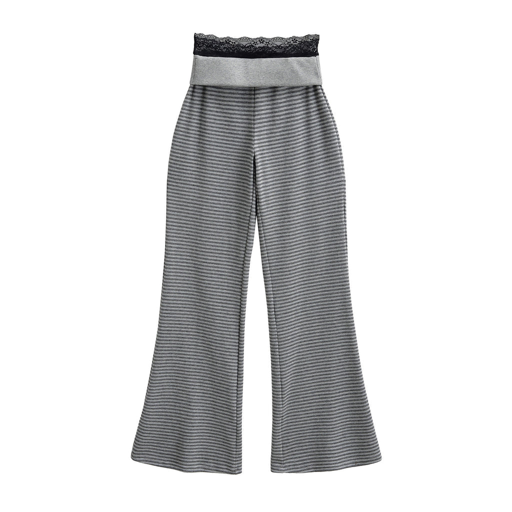 Pantalón Recto Largo Cintura Ancha Encaje Empalme Casual Gris Mujer