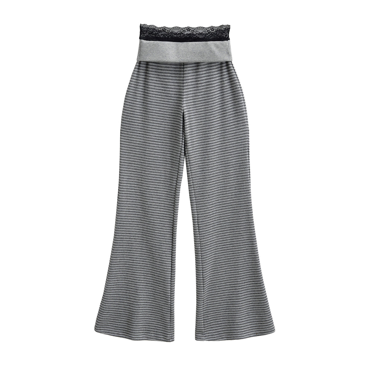 Pantalón Recto Largo Cintura Ancha Encaje Empalme Casual Gris Mujer