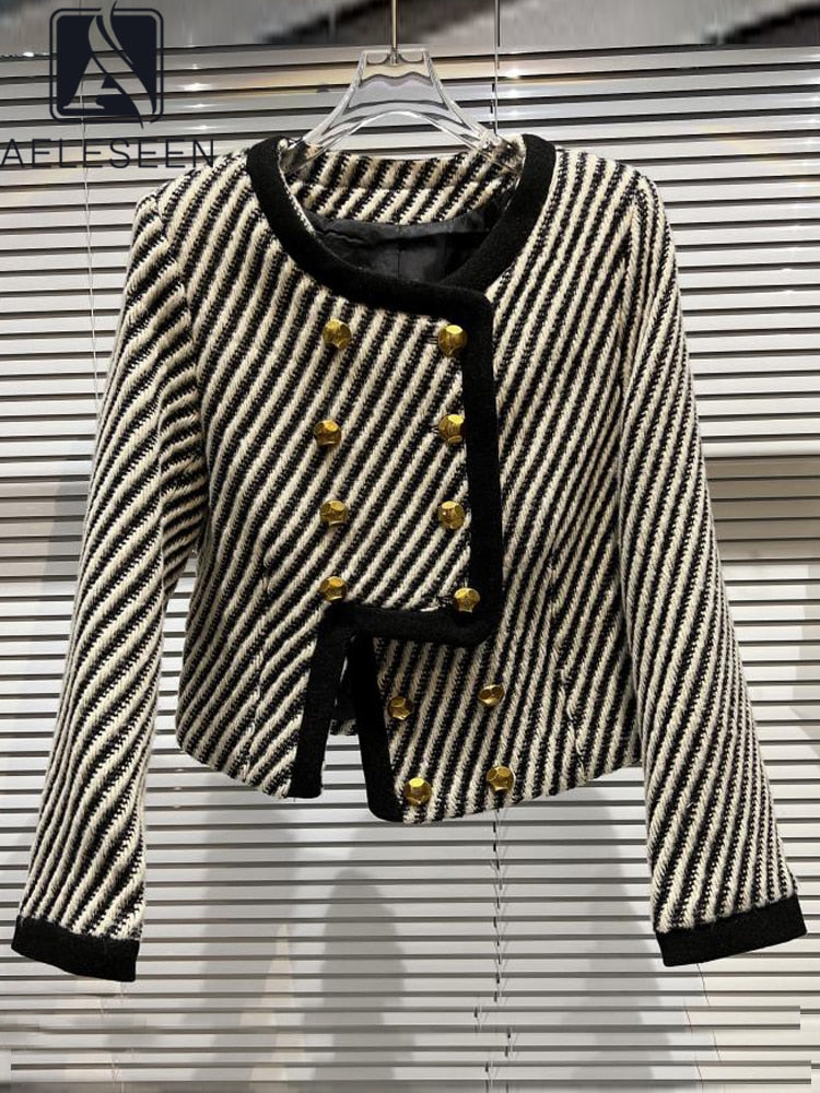 Chaqueta Twill Poliéster Tejido Rayas Cuadros Cuello Redondo Doble Botonadura Manga Larga Cálida Otoño Invierno Mujer