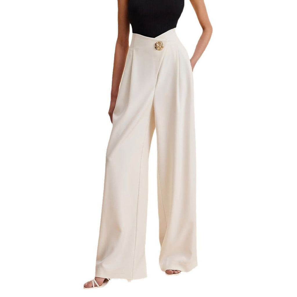 Pantalón Largo Recto Cintura Alta Irregular con Bolsillos Elegante Mujer