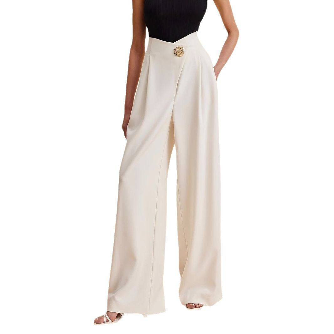 Pantalón Largo Recto Cintura Alta Irregular con Bolsillos Elegante Mujer