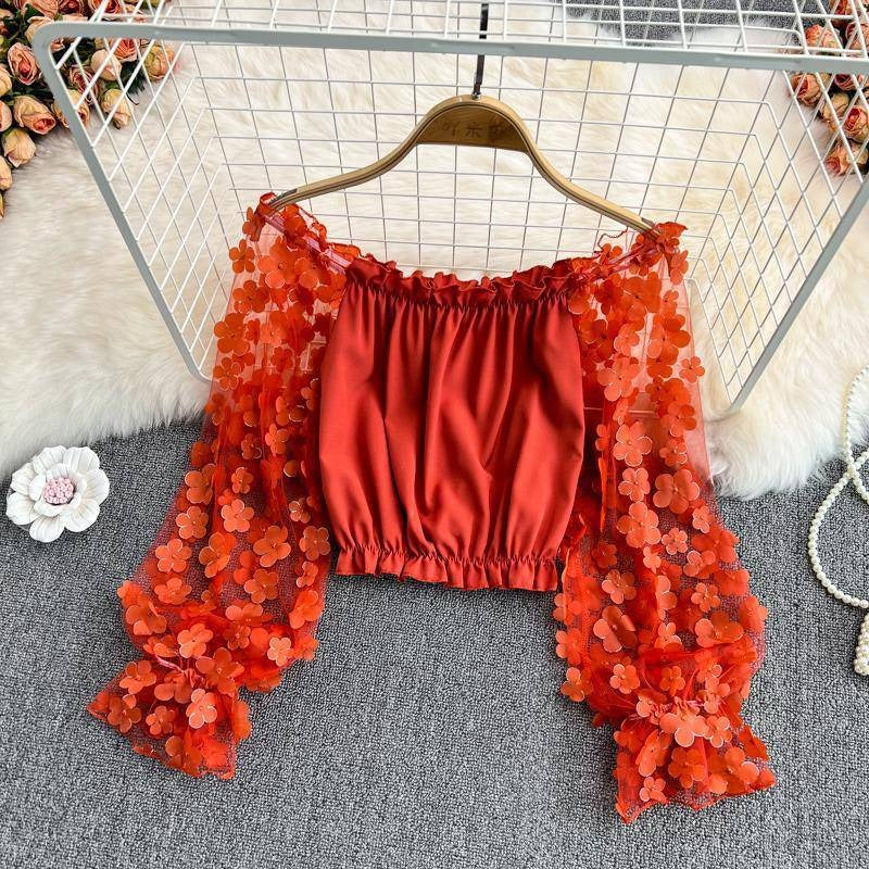 Top Off Shoulder Flores 3D Chifón Malla Mujer