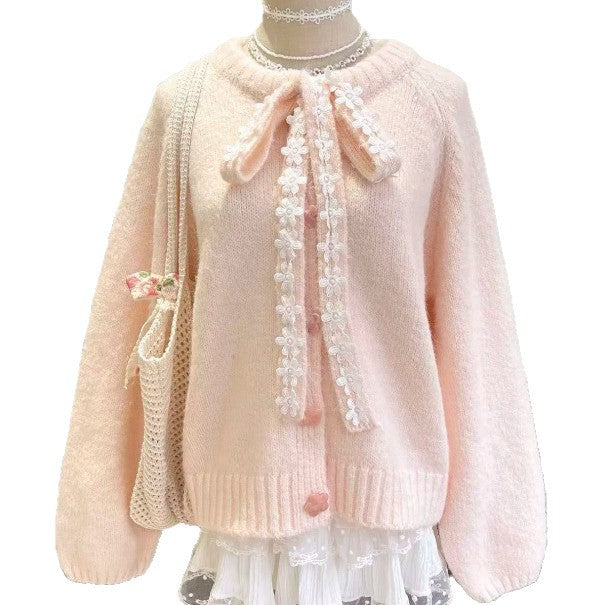 Soft Style Bow Flower Tie-Neck Knit Cardigan for Women