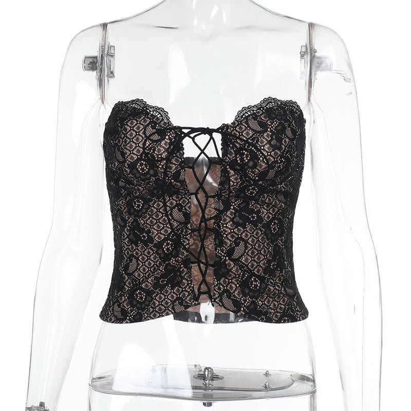 Sexy lace hollow out strap strapless top