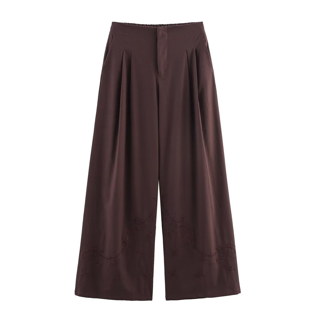 Conjunto Dos Piezas Top Bordado Espalda Descubierta Sin Mangas y Pantalón Largo Casual Poliéster Slim Fit Mujer Marrón
