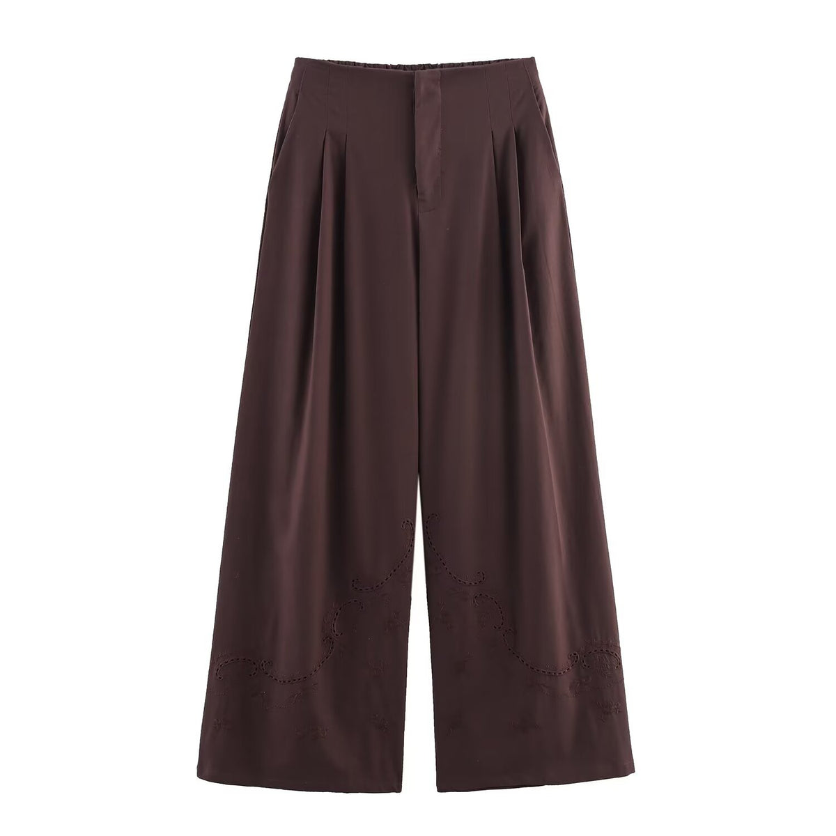 Conjunto Dos Piezas Top Bordado Espalda Descubierta Sin Mangas y Pantalón Largo Casual Poliéster Slim Fit Mujer Marrón