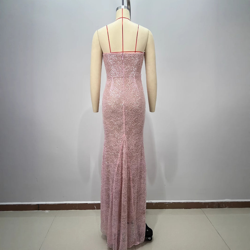 Vestido Largo Poliéster Un Hombro Sin Tirantes Espalda Descubierta Ballenas Abalorios Lentejuelas Ajustado Elegante Fiesta Mujer Rosa