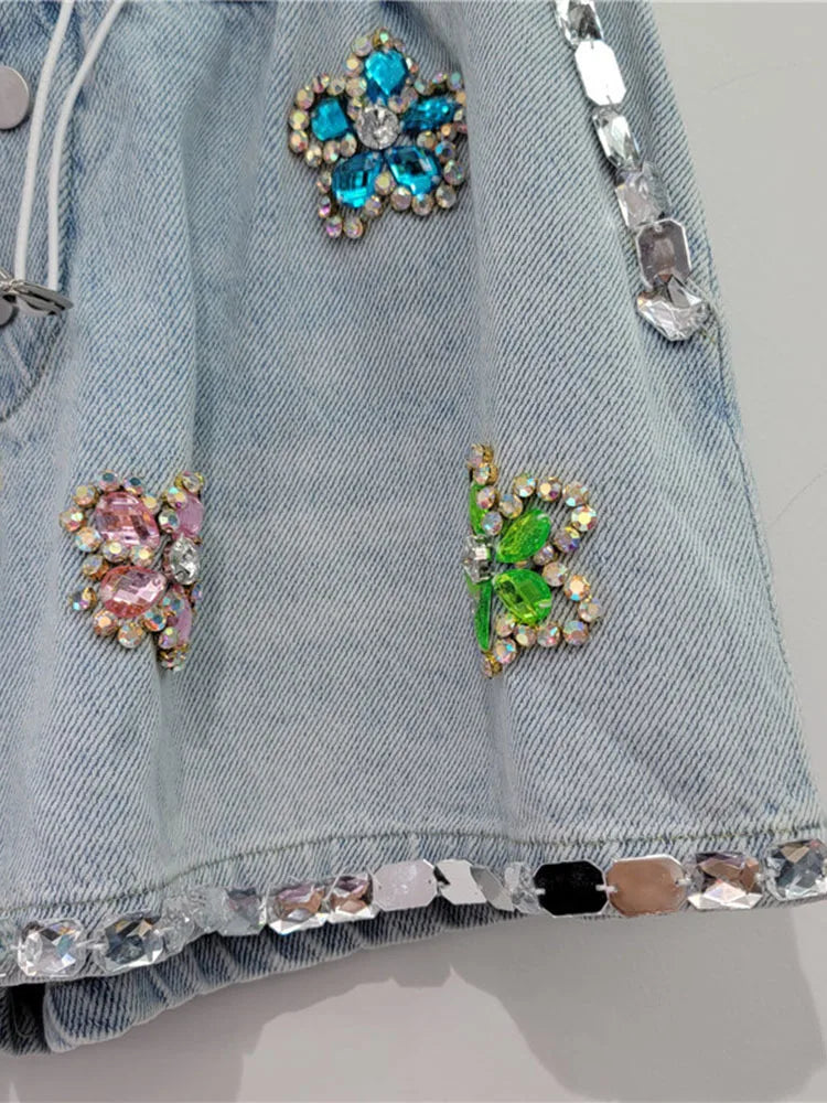 Denim shorts with Flower set with diamonds details elastic high waist loose fit and slimming effect