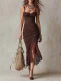 Street Style Sexy Pleated Strap Long Lace Trim Dress