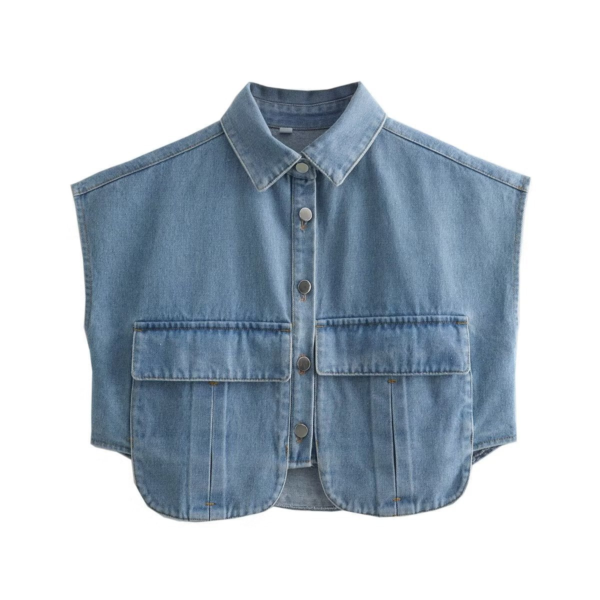 Flip collar short sleeved denim shirt top