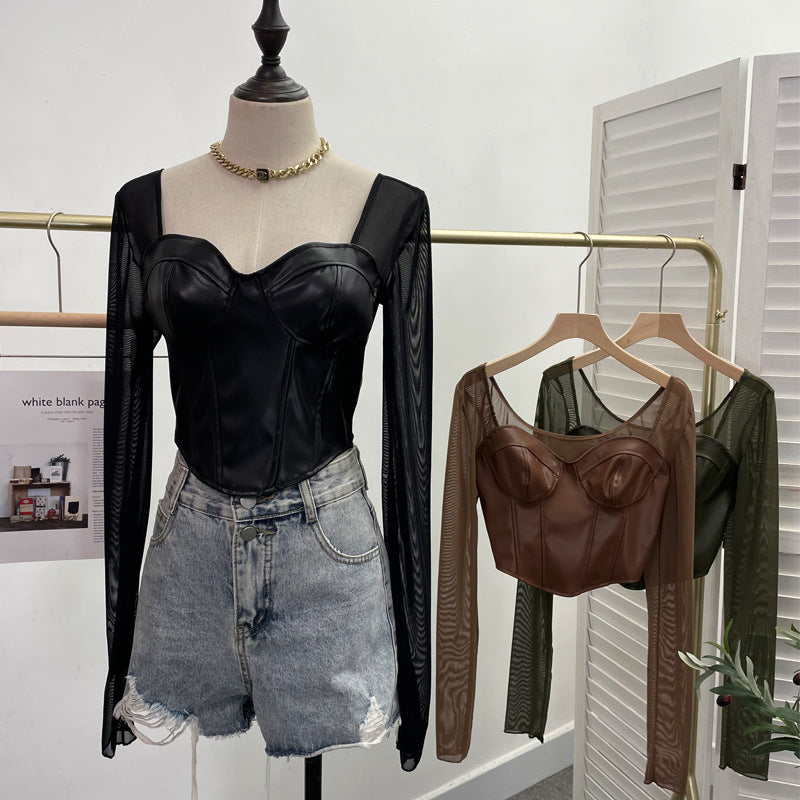 PU leather splicing mesh square neck long sleeved top