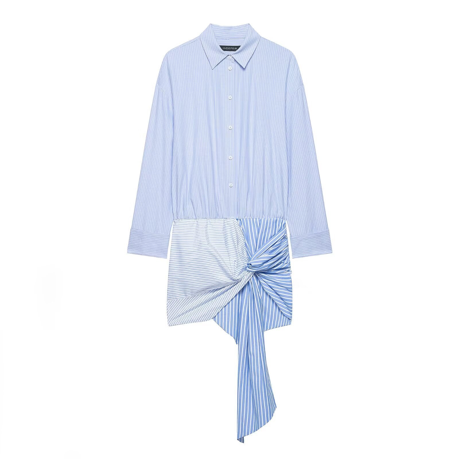 Vestido Camisero Azul Fruncido con Manga Larga Elegante