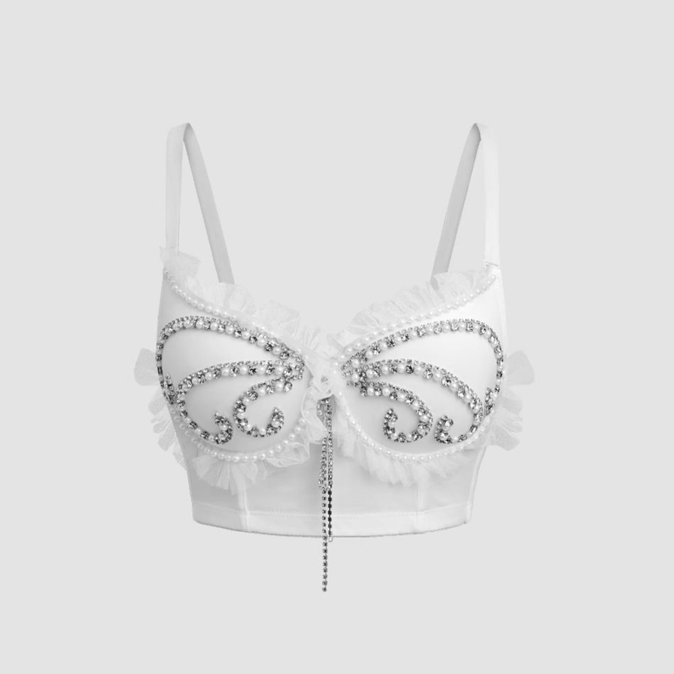 Women's Vest with Rhinestone  White Strap Inner Wear Spicy Girl